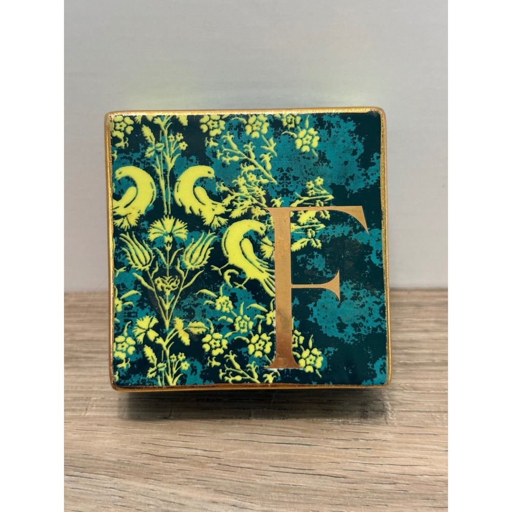 Anthropologie Ceramic Trinket Box Letter F Bird Floral Teal Gold Jewelry Dish